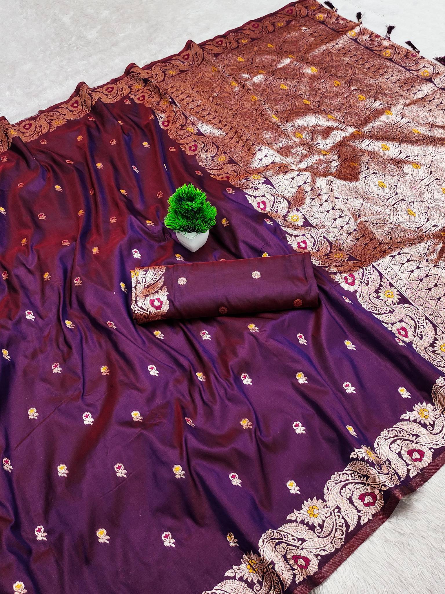 Grape Colour Shahi Banarasi Silk Saree with Meenakari Rich Pallu